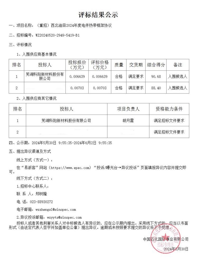 蕪湖科陽(yáng)中標(biāo)中國(guó)石化西北油田2024年度電伴熱帶框架協(xié)議